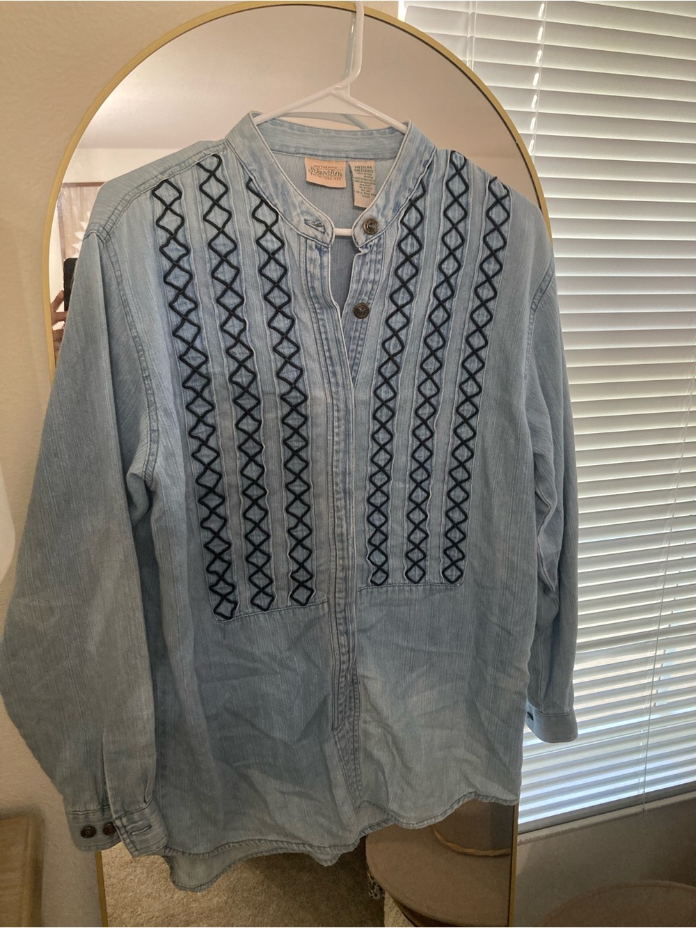 St. John's Bay Light Blue Denim Button-Down Shirt with Navy Embroidery Panels